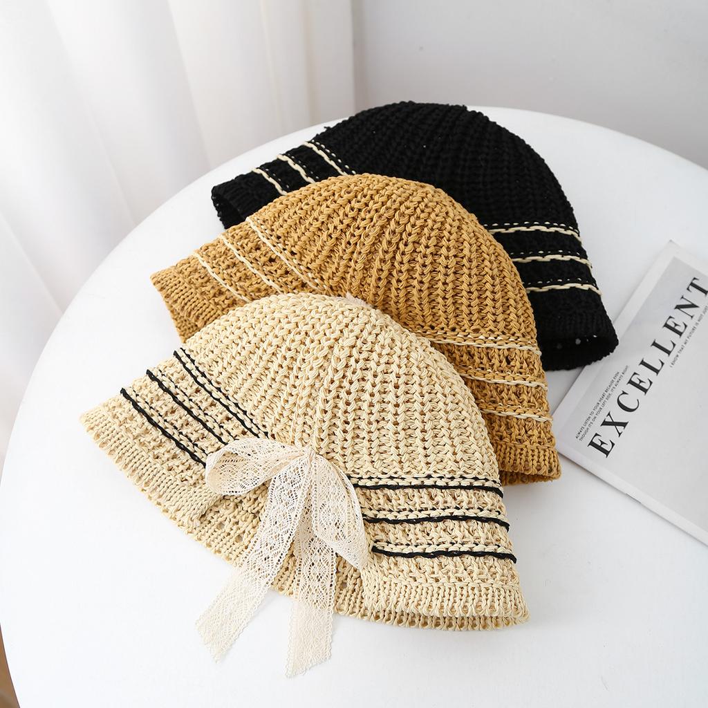 Mode Spitze Streamer gestrickter Fischerhut Mädchen Sommer atmungsaktiv nach Gabelung pastoraler Schatten Fischerhut