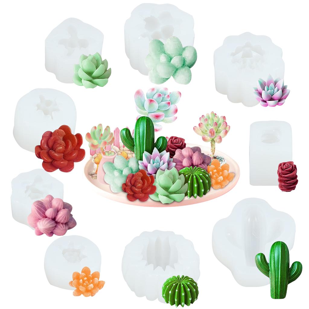 9Pcs Succulent Silicone Mold Safe Cactus Flower Resin Mold Silicone Candle Mold Durable 3D Succulent Resin Epoxy Casting Mold