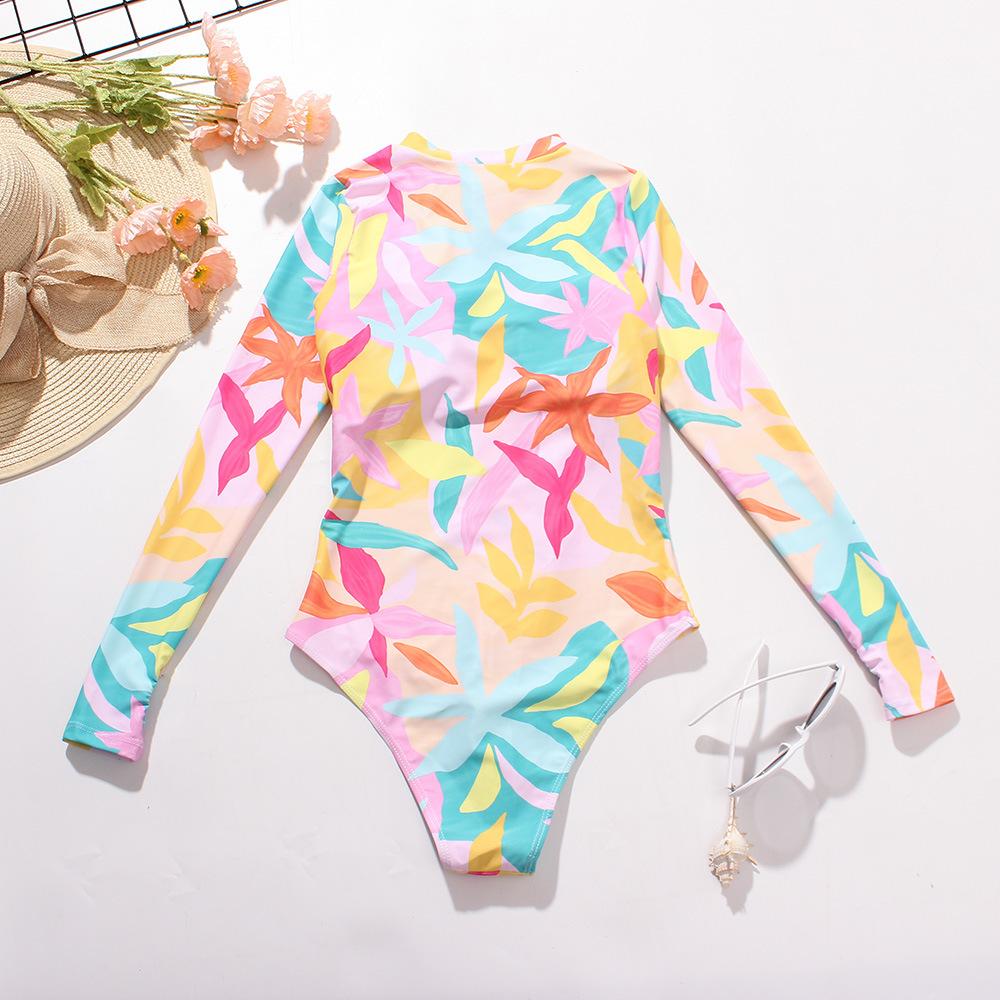 Bedruckter, floraler Langarm-Badeanzug mit Reißverschluss, gepolstert, einteiliger Badeanzug, Damen-Tanga-Badeanzug, Badeanzug für Damen