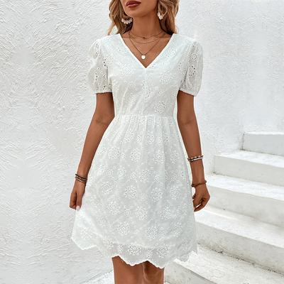 Women's Fashion Summer Spring Solid Color Print Short Sleeve V-Neck High Waist Casual Dresses