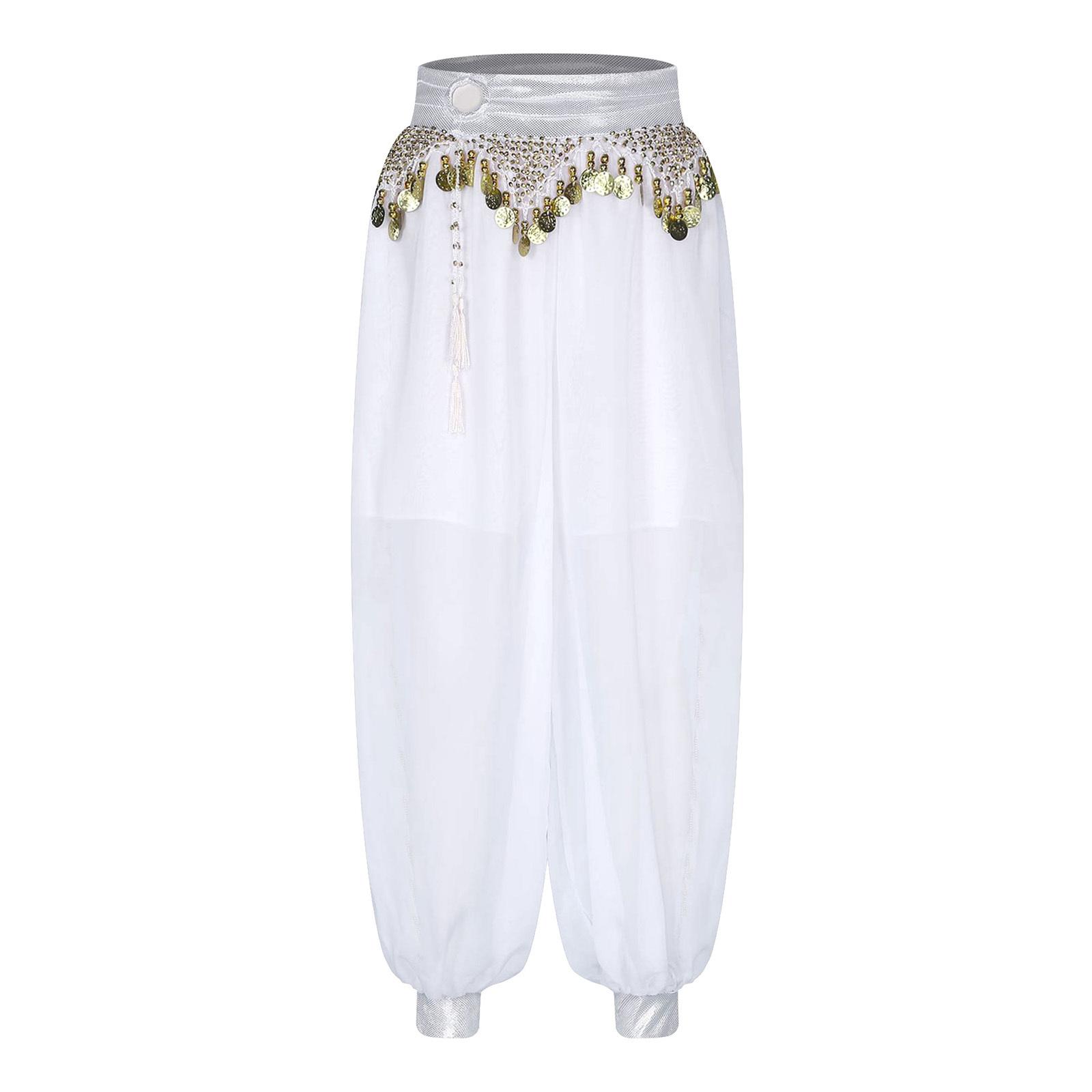 

Женский костюм для танца живота, шифоновые шаровары с кисточками и бисером, металлизированный пояс, брюки с разрезами по бокам, карнавальный наряд для вечеринки One Size