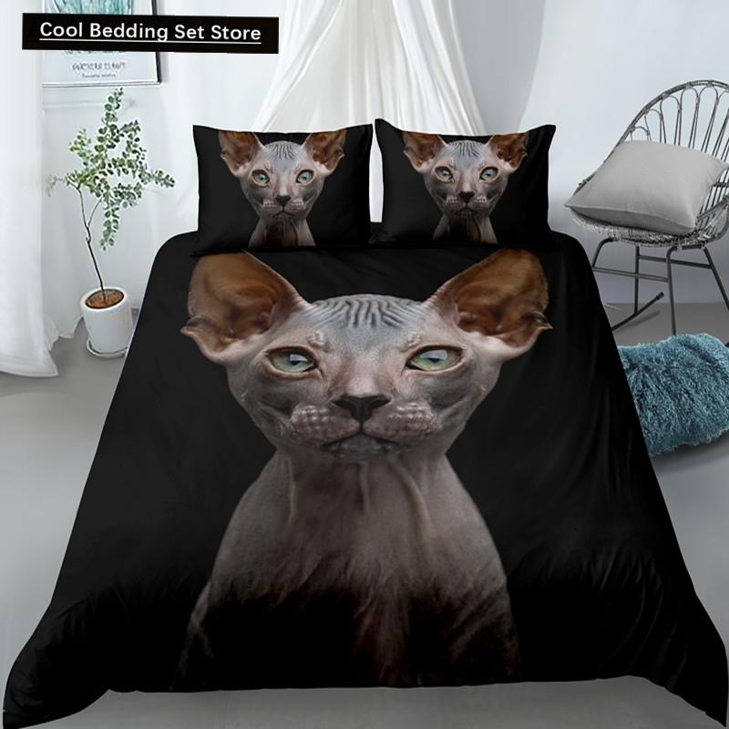 Sphynx Cat King Queen Duvet Cover Lovely Pet Kitty Bedding Set for Kids Teens Adults Animal Grey 2/3pcs Polyester Quilt Cover
