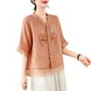 Retro Embroidered Organza Patchwork V-Neck Shirt for Women - Summer Mid-Sleeve Trendy Top