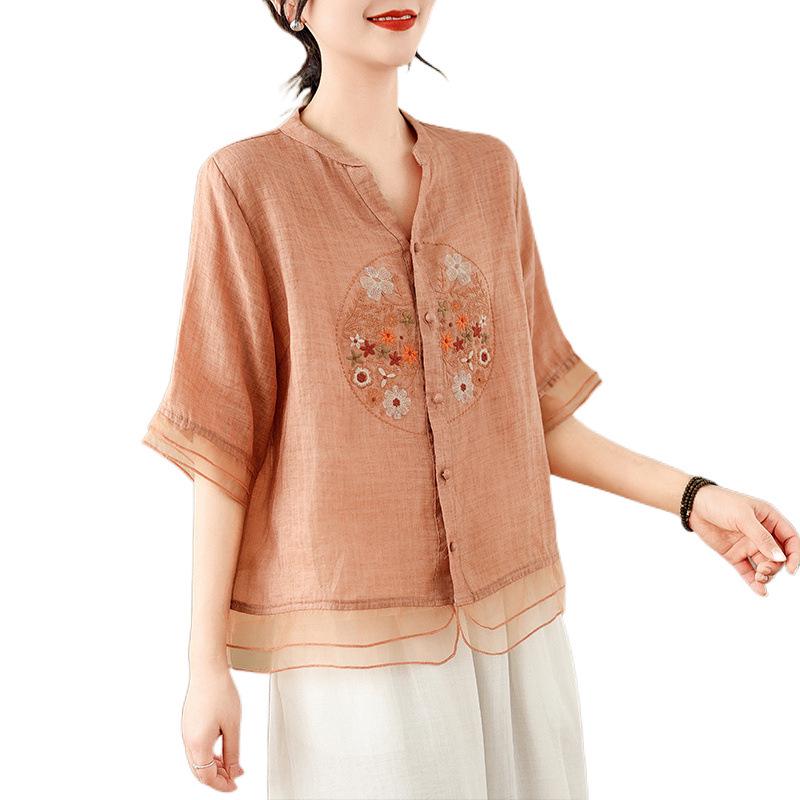 Retro Embroidered Organza Patchwork V-Neck Shirt for Women - Summer Mid-Sleeve Trendy Top