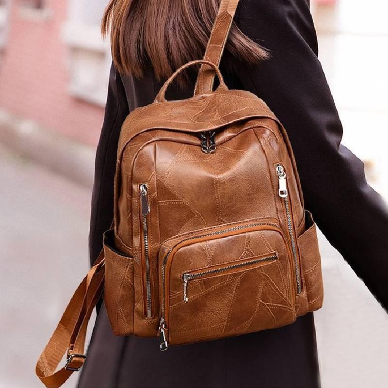 Stylish Pu Leather European Retro Casual Backpack For Women Soft Zipper Closure