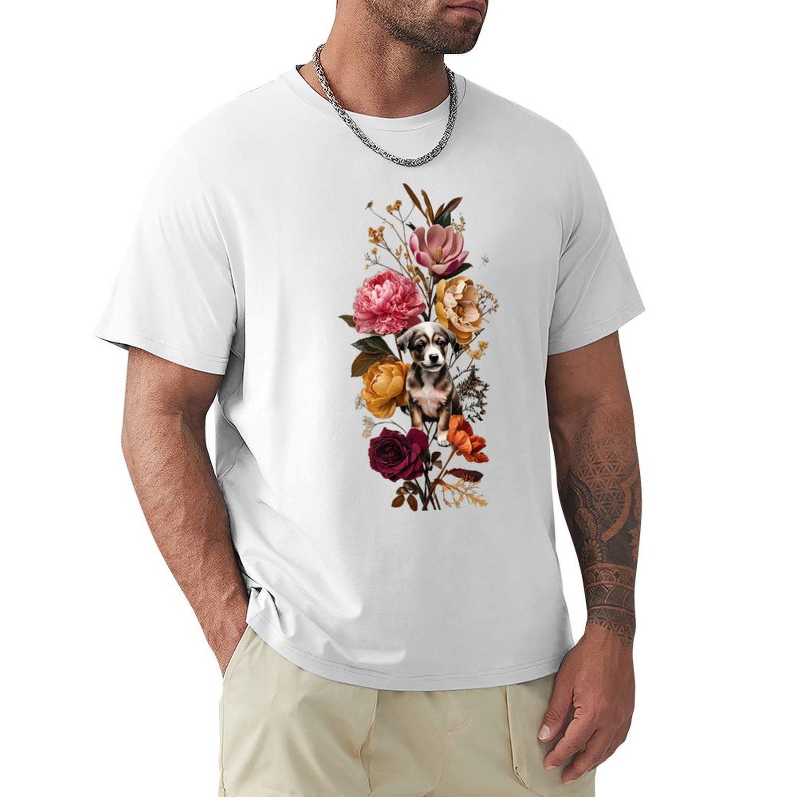 Vibrant Botanical Arrangement With Playful Dog TShirt Anime tshirt topping mens big and tall t shirts S