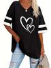 Spring/Summer Women's Heart Print V-Neck Striped Loose T-Shirt with Drop Shoulder