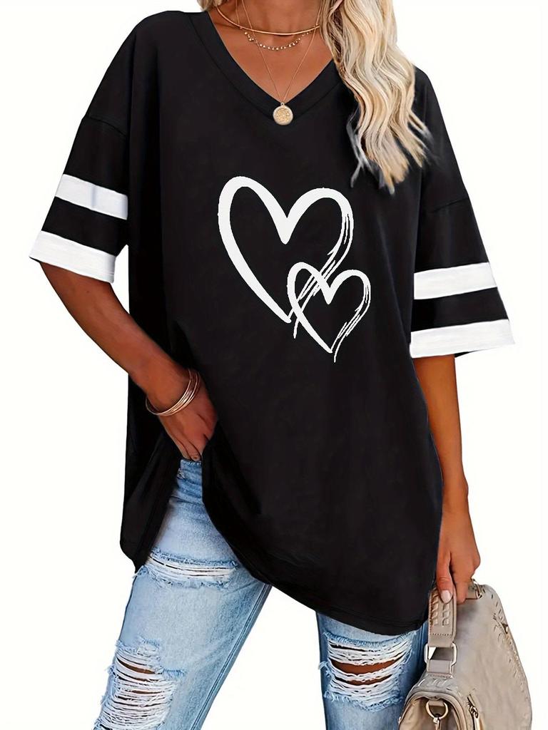 Spring/Summer Women's Heart Print V-Neck Striped Loose T-Shirt with Drop Shoulder