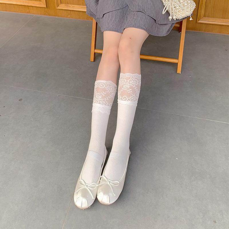 

Women s White Lace Thigh-High Socks Slimming Over-the-Knee Stockings Elegant Ribbon Bow Spring Breathable KneeLength Stockings One size
