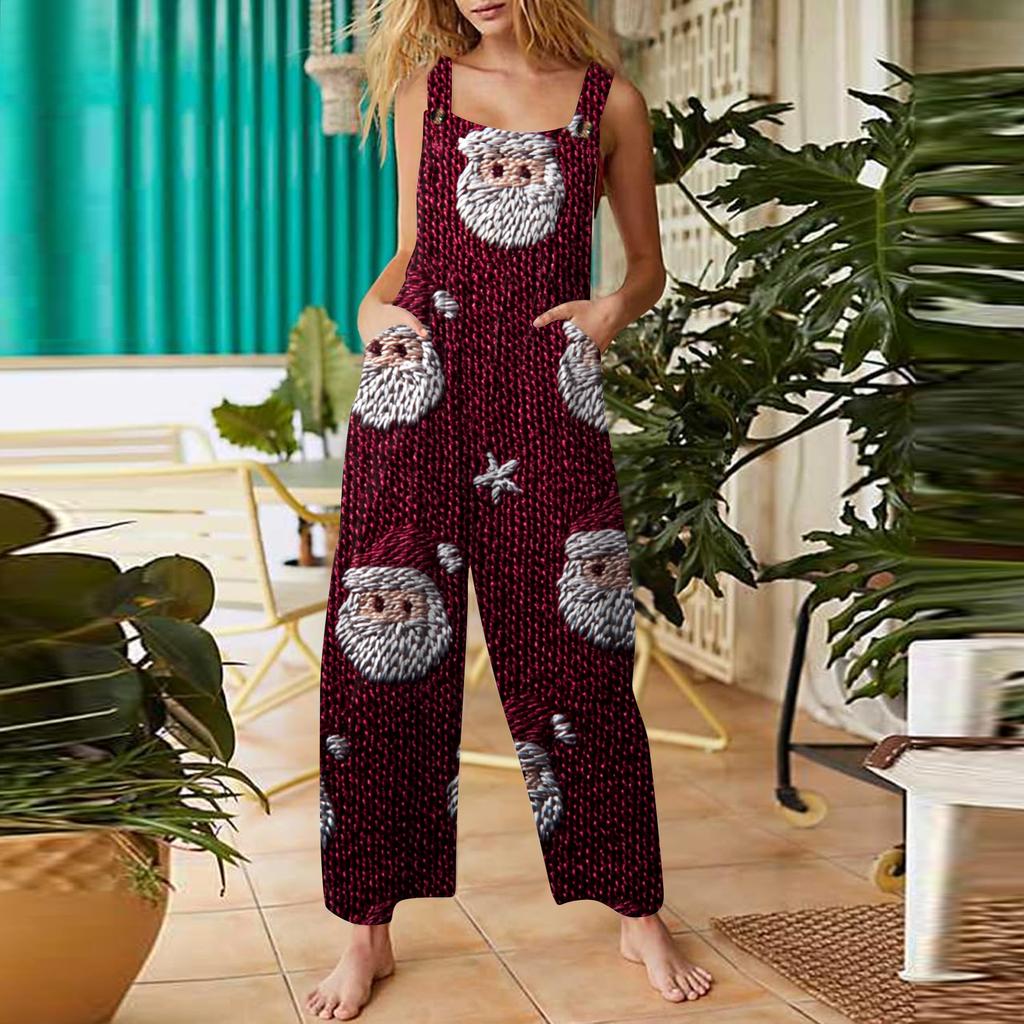 Dámský ležérní overal bez rukávů s vánočním potiskem, bavlněný overal
