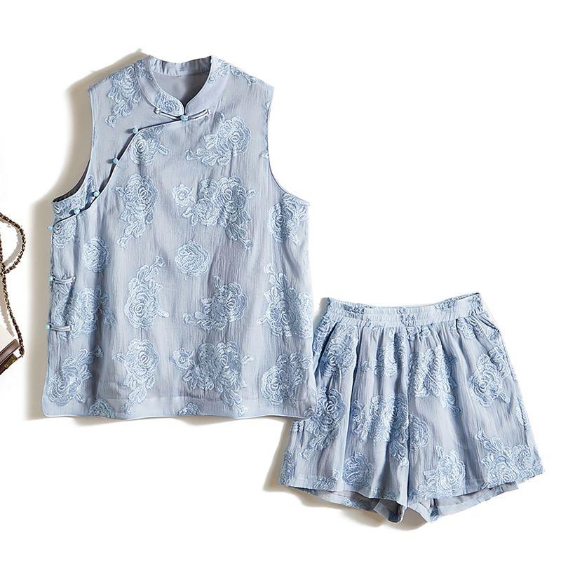 

Three-Dimensional Embroidery Satin Spandex Yarn Sky Blue Set Pants! Women Buckle Long Sleeveless Vest/T-shirt + Shorts Light blue 4XL