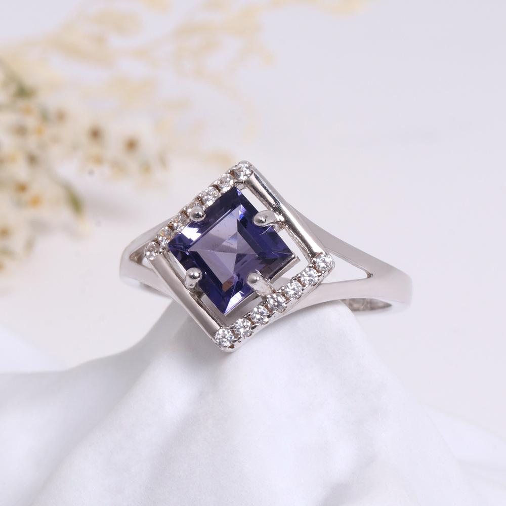 Lyxig fyrkantig design Naturlig Cordierit Ring 925 sterling Silver fina smycken för kvinnor Jubileum & Bankett & Festgåvor