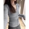 Hong Kong-style retro solid color V-neck front shoulder long-sleeved T-shirt for women's spring, autumn and winter new slim-fitting