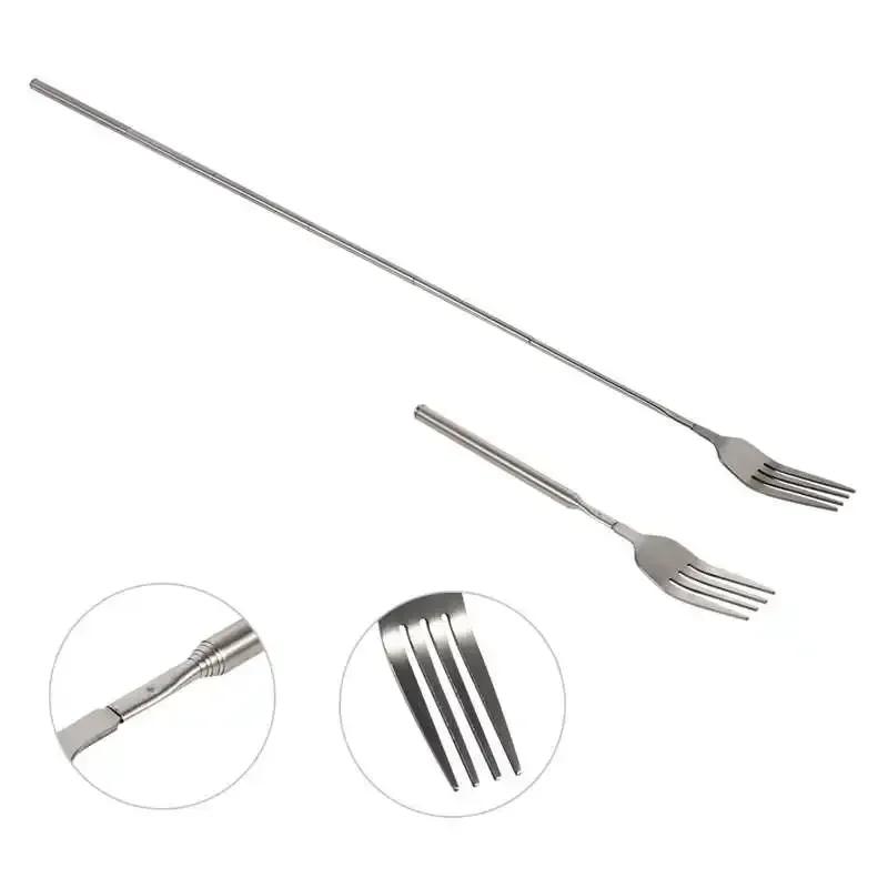 Retro Fork  BBQ Telescopic Extendable Dinner Fruit Dessert Long Handle Fork Stainless Steel Cutlery  Fork Tableware Bento Box