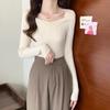 Apricot Women's Square Neck Knitwear: Slimming Long Sleeve Autumn 2025 Base Shirt/Sweater, Small Size.