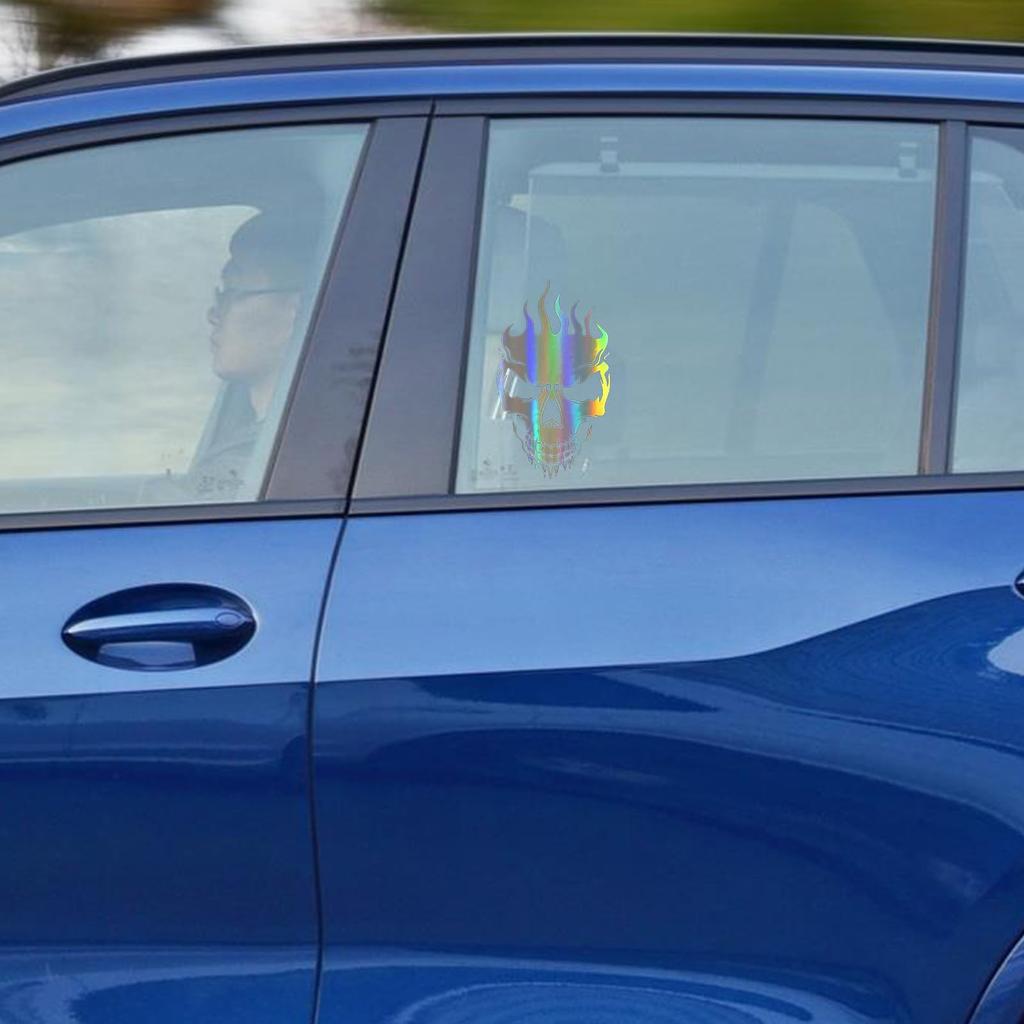 Reflective Skull Sticker - 10" Waterproof Car Decal, Flaming Skull Design, PVC Adhesive Stripes