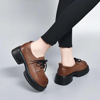Retro Big Head Shoes Spring New Round Head Platform Single Shoes First Layer Cowhide Lace-up Muffin Women's Shoes