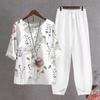 2 Pcs/Set Women T-shirt Pants Set Flower Print Elastic Waist Half Sleeves Round