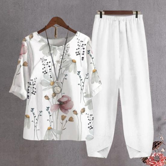 2 Pcs/Set Women T-shirt Pants Set Flower Print Elastic Waist Half Sleeves Round