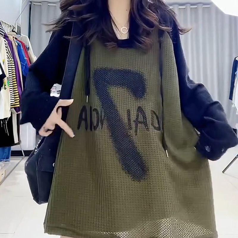 

Женская футболка больших размеров в европейском стиле с цветными блоками и принтом букв, с длинным рукавом (2-300 фунтов) XL