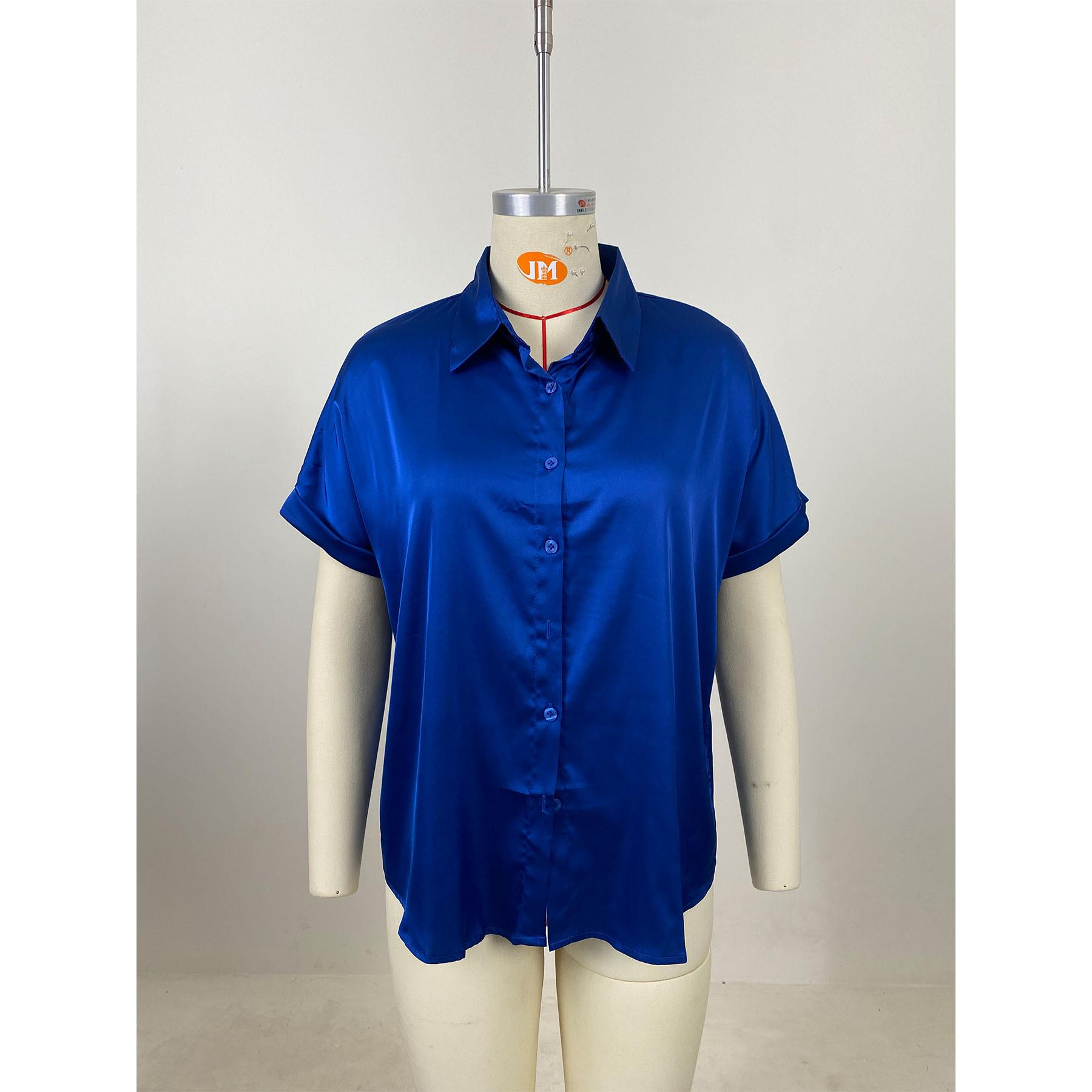 

Жіноча повсякденна одноколірна атласна сорочка з короткими рукавами 2023 року XXL синій