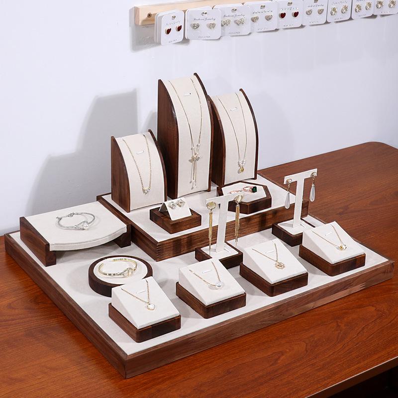 Walnut Wood Microfiber Jewelry Display Set for Necklace, Ring, Earrings, and Bracelet.