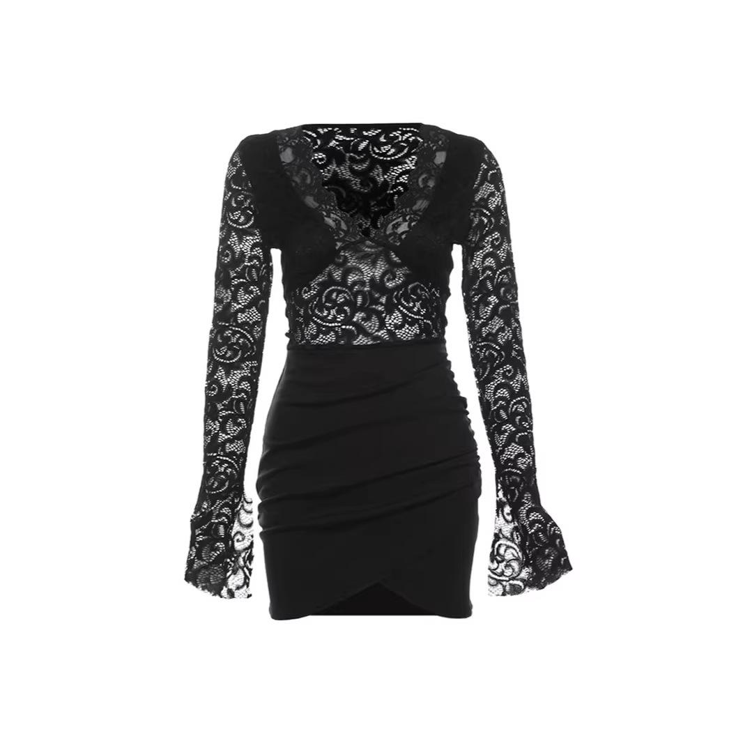2025 European & American Women s Sexy Lace See-through V-neck Bodycon Dress S чёрный