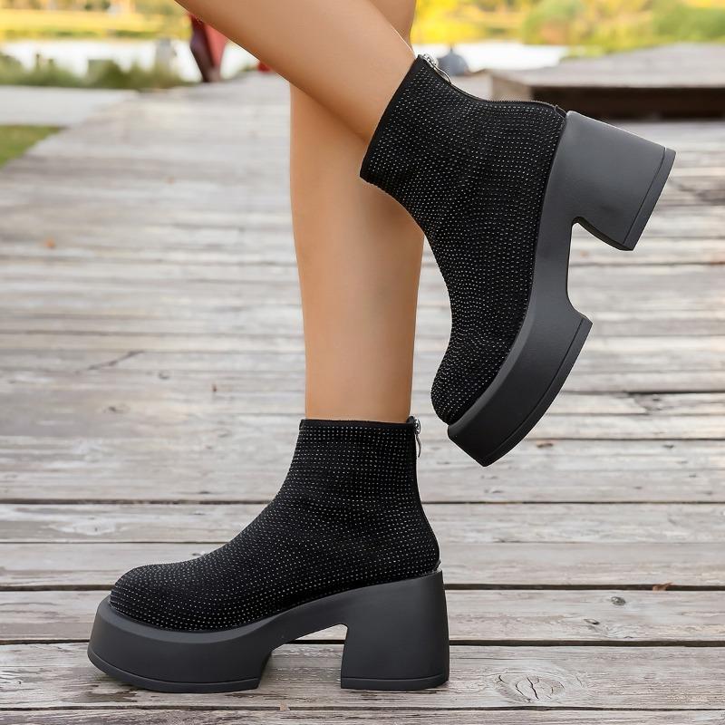 European Platform Women's 2026 Autumn New Rhinestone High Heels Fashion Small Height Booties