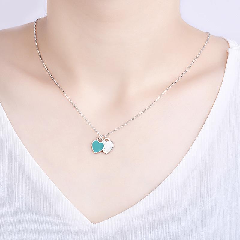 Love Necklace Women's Red Heart Oil Drip Enamel Blue Clavicle Chain Double Heart Pendant