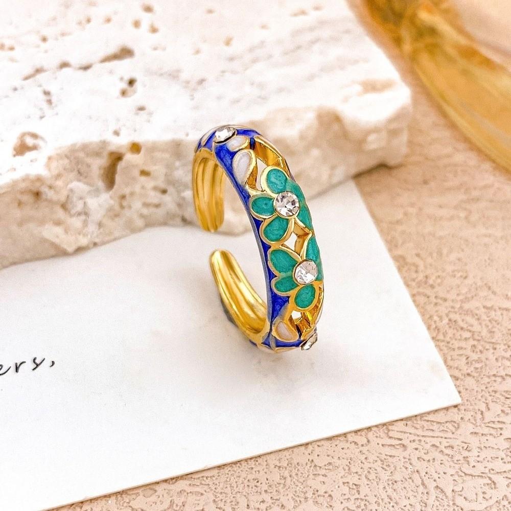 Engraved Vintage Geometric Rings Hollow Out Gold Plated Ring Colorful Enamel Flower Rings  Romantic