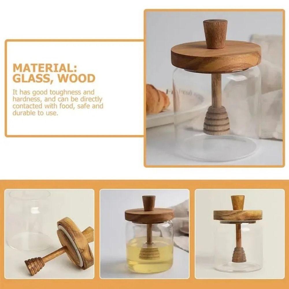 Wooden Honey Dipper Honey Jar Dipper Set Lid Glass Honey Containers Durable Honey Dispenser  Gift