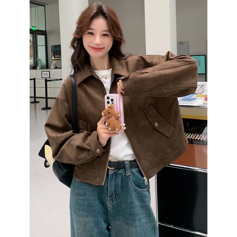 Casaco de Outono Feminino Marrom Solto Simples Zíper Casacos Senhora de Escritório Manga Longa Vintage Elegante Jaquetas Curtas Femininas