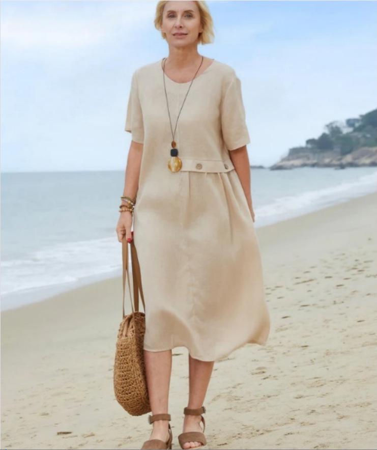 

2026 Summer Women s Cotton Linen Mid-Length Loose Solid Short Sleeve Dress - Artistic Casual Style S абрикосовий