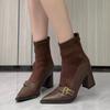 Metal Belt Buckle Spliced Suede Block Heel Single Boots Women's Fashion Pointed Toe Rear Zip Shortho Boots