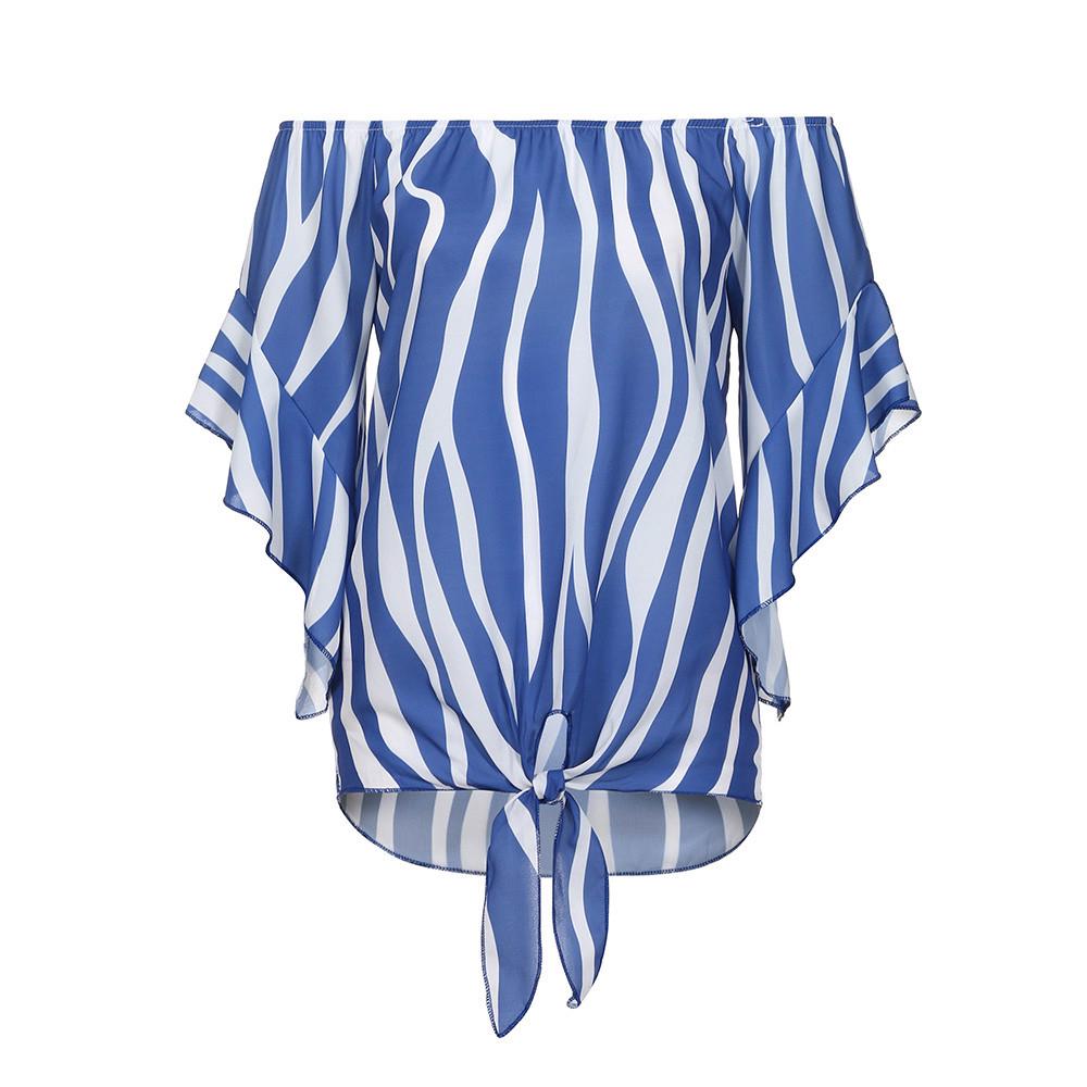 Women Striped Off Shoulder Waist Tie Blouse Short Sleeve Casual T Shirts Tops