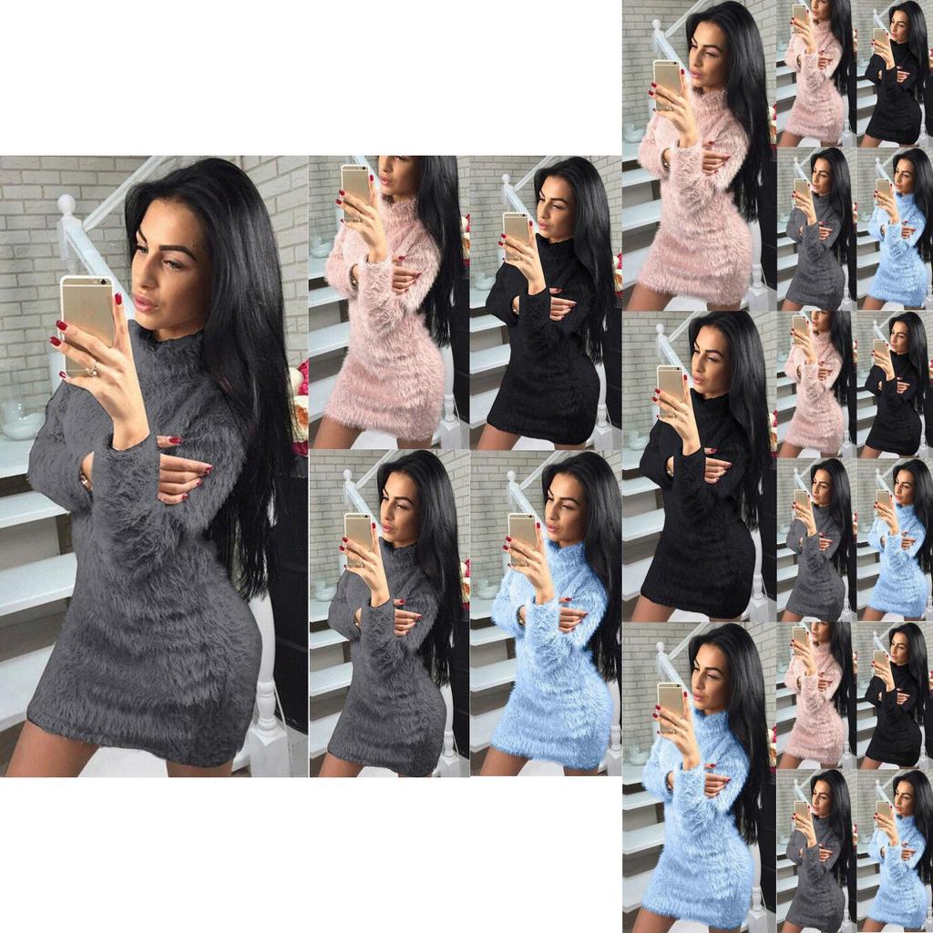Women Long Winter Sleeve Fluffy Sweater Tops Ladies Party Bodycon Dress Jumper