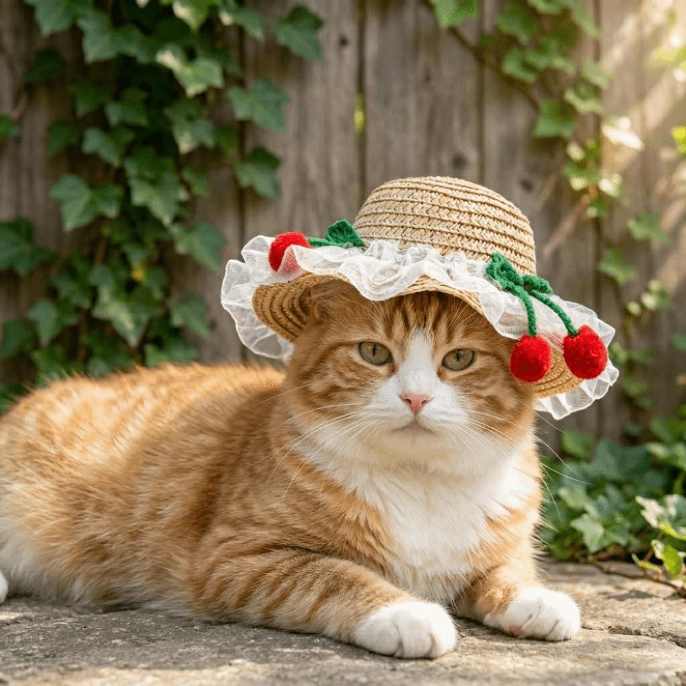 Adjustable Pet Sun Hat Lace Decor Dog Sun Protection Cap Fashion Cat Sunshade Hat Walking Hiking