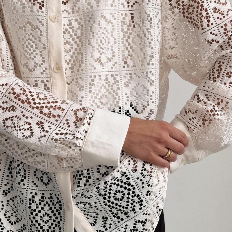 Móda Vintage Elegantní Vyšívané Krajkové Košile Dámské Dlouhý Rukáv Volné Ležérní Dámské Halenky Léto Jednobarevné Zapínání na Knoflíky Košile Topy Dámské Oblečení 26263