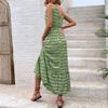 Women's Spring Summer  Lace Up Print Color High Waist Sleeveless Pleated Dress