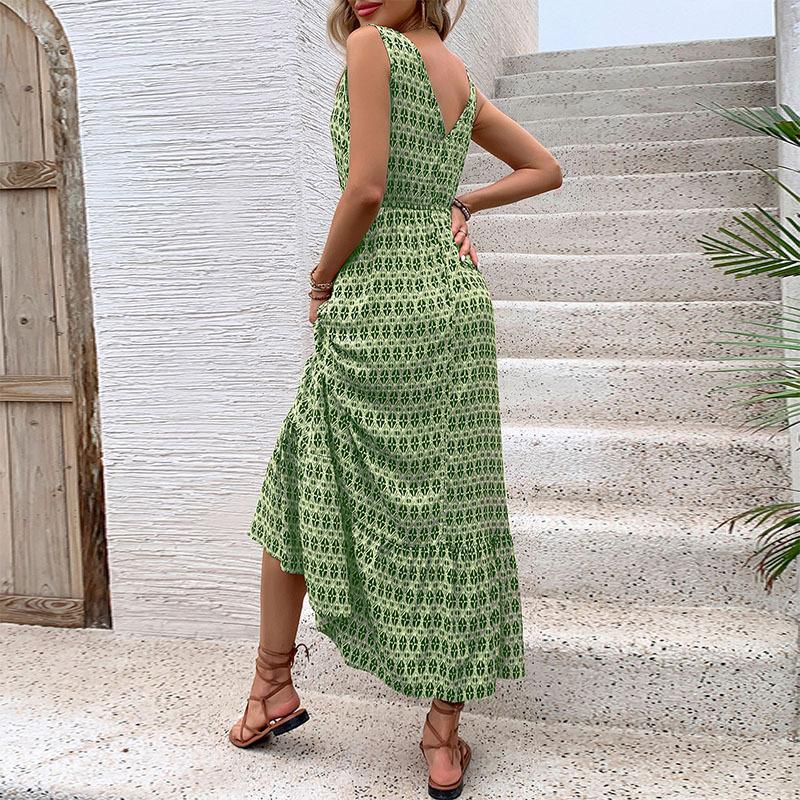 Women's Spring Summer  Lace Up Print Color High Waist Sleeveless Pleated Dress