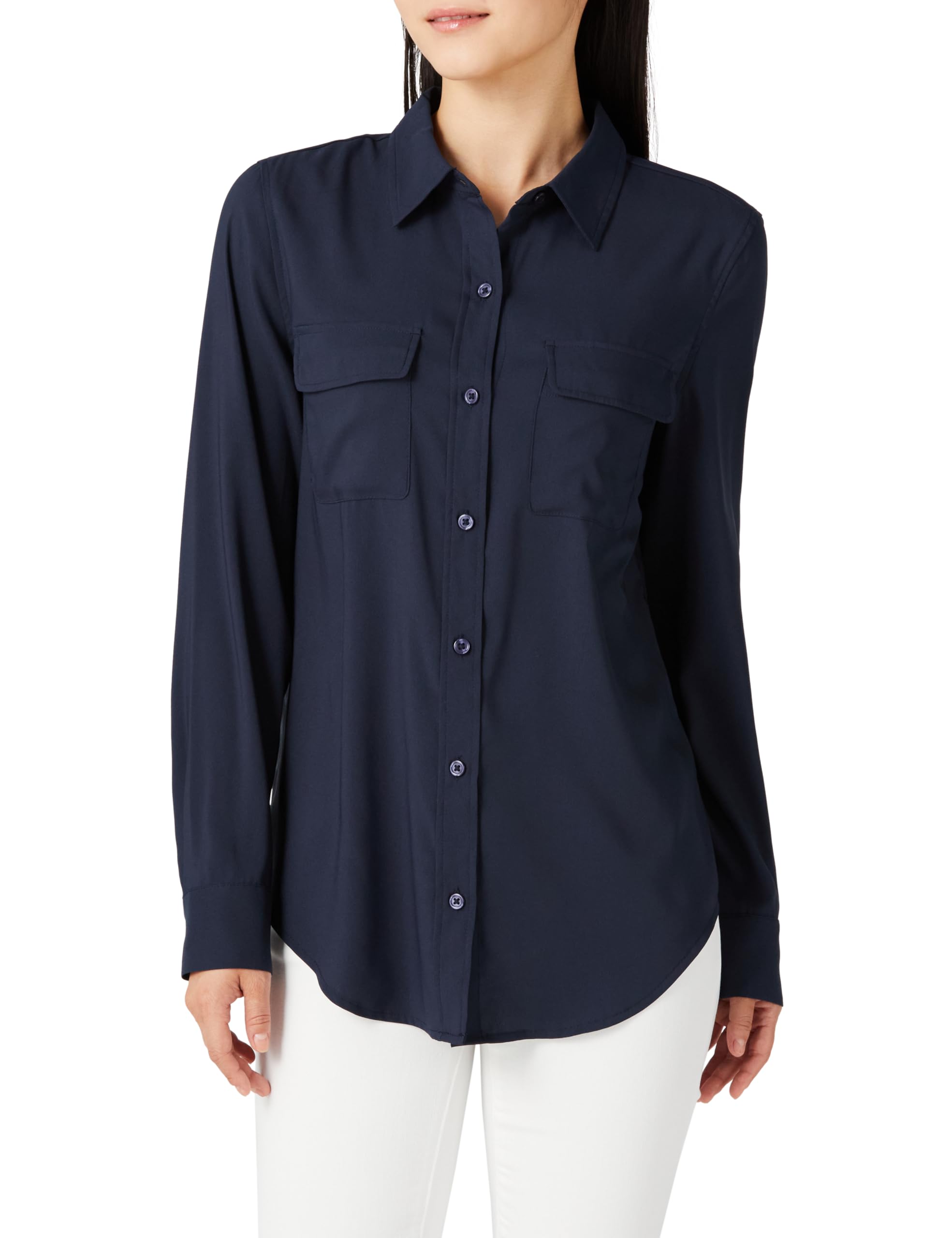 

Amazon Essentials Navy Georgette Shirt with Relaxed Long Size L Women s Pockets, Fit, Sleeve,
