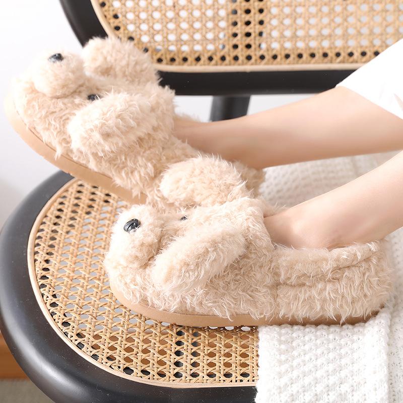 Fashion Winter House Warm Fur Slippers For Women Cute Dog Desginer Bedroom Flat Ladies Plush Shoes Indoor Cartoon Women Furry Slippers F