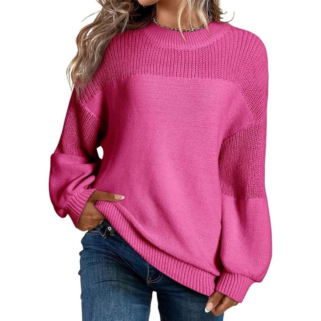 Autumn Winter New Women's Solid Color Lantern Sleeve Round Neck Long Sleeve Pullover Knitted Sweater Top