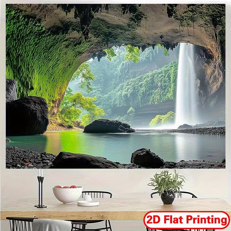 3D Cave Waterfall Nature Tapestry, Green Forest Lake Landscape Background Cloth, Modern Aesthetic Wall Decor