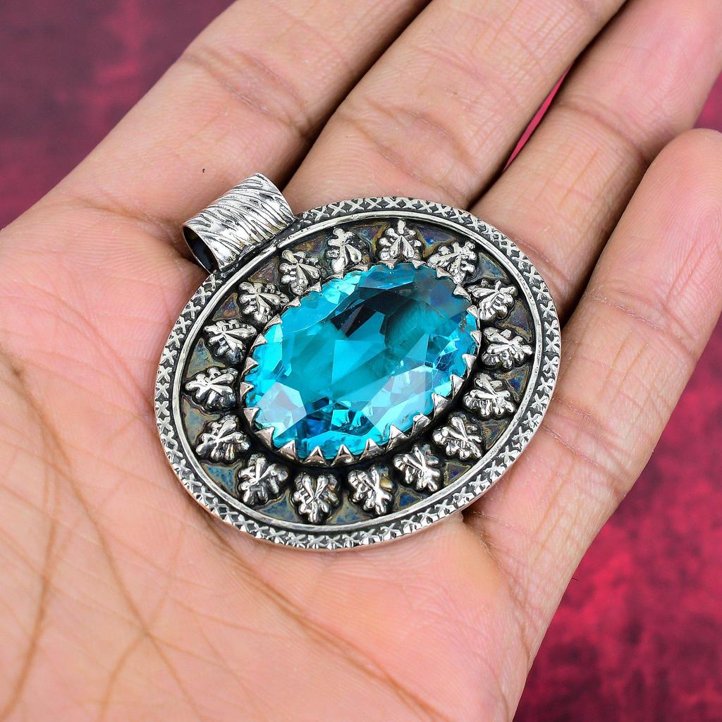 Blue Topaz Pendant, 925 Solid Sterling Silver Gemstone Jewelry, Handmade Pendant, For Thanksgiving