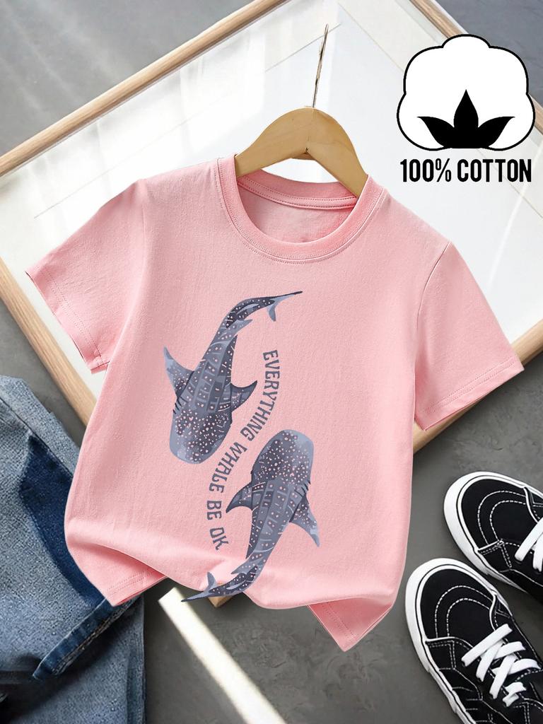 Summer Children's Fashionable Casual Short Sleeved T-shirt with Whale Shark Pattern Print Design and Round Neck Parent-child Top