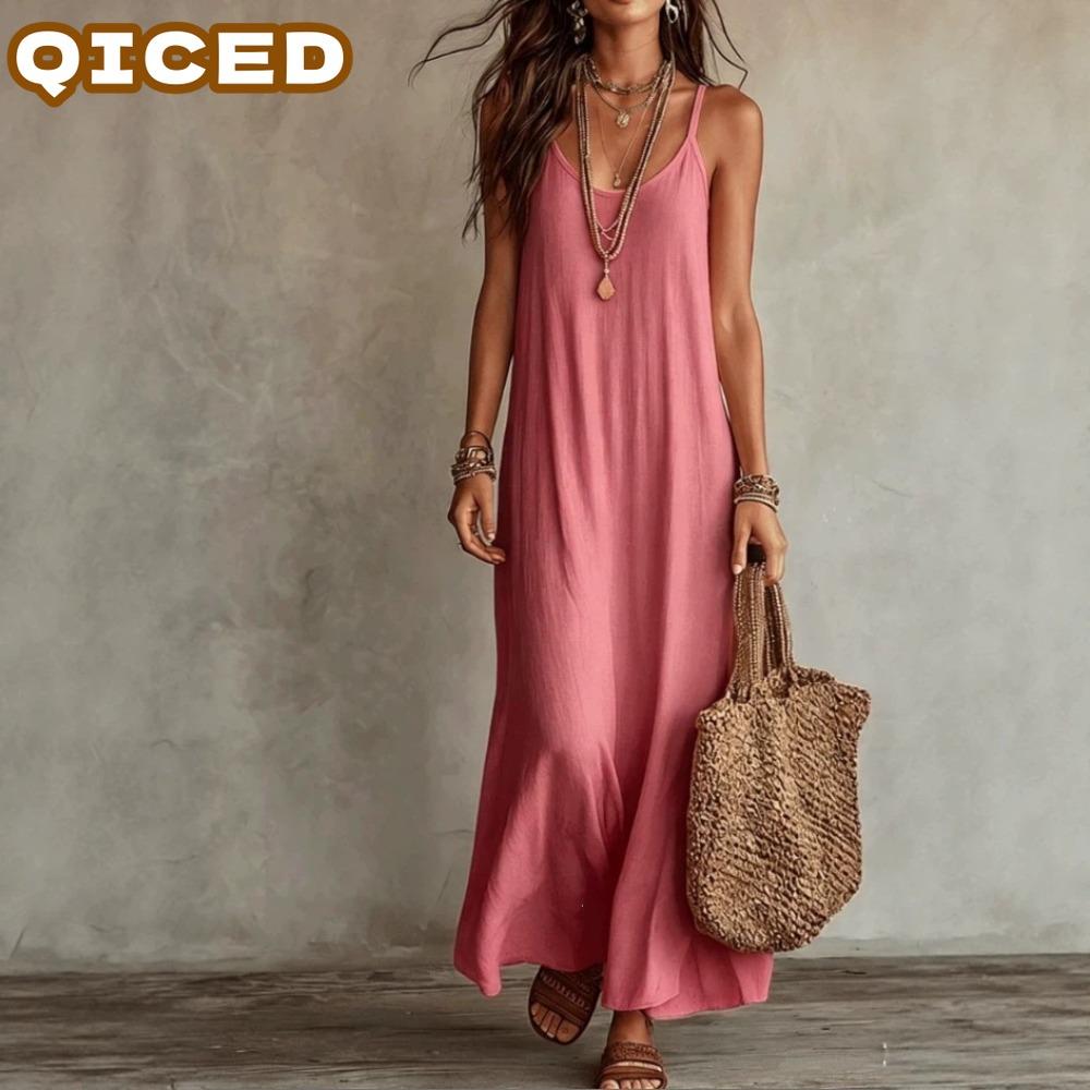 QICED Vestidos Casuales de Verano Primavera Color Sólido Estampado Sin Mangas Cuello en U