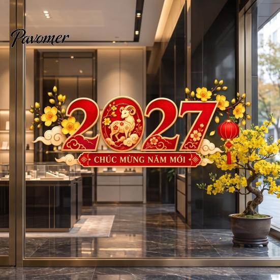 Lunar New Year Window Decals 2027 Vietnamese Cling, Sheep PVC Glass Party Decorations Sticker, Decorative Stickers for Home Shop Festive Holiday