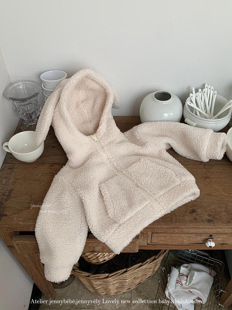 Children's Bunny Ear Lambswool Jacket - 2025 New Korean Style Warm Autumn Winter Coat for Baby Girls
