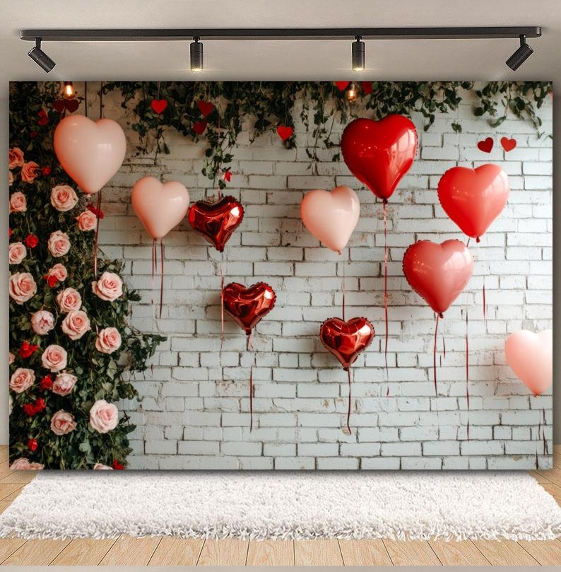 Valentine's Day Photography Background Red Roses Balloons Wood Board Brick Wall Women Birthday Wedding Decoration Photo Backdrop
